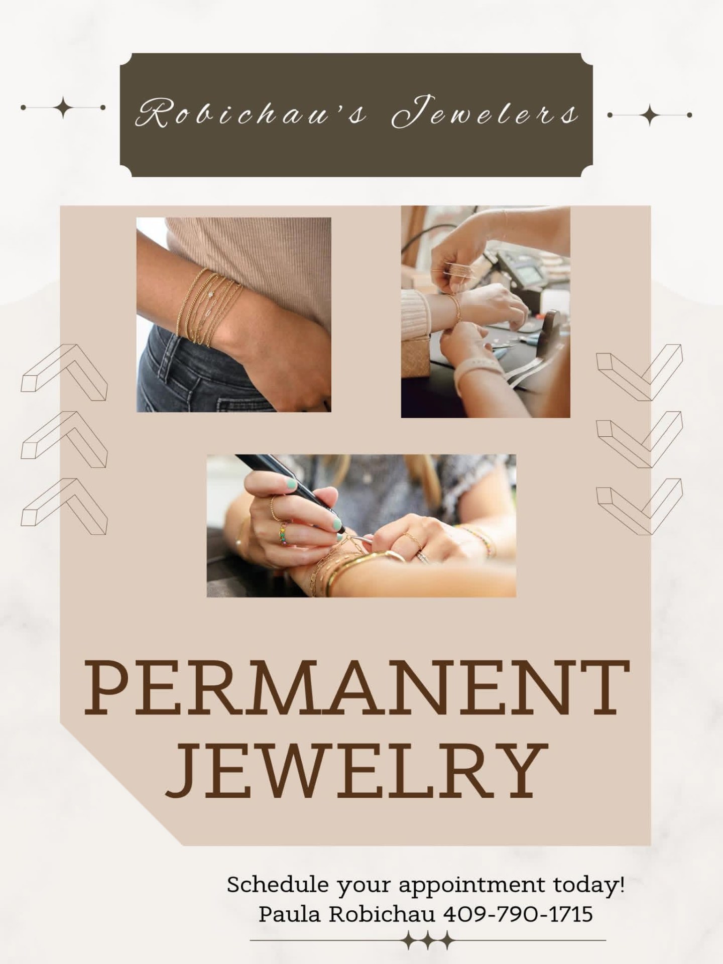 Permanent jewelry — welded gold bracelets being fitted at Robichau's Jewelers